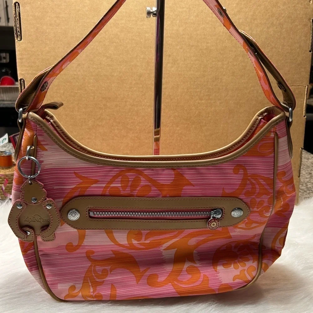 Kipling Nylon Hobo Shoulder Bag Light Weight Orange  With Monkey.